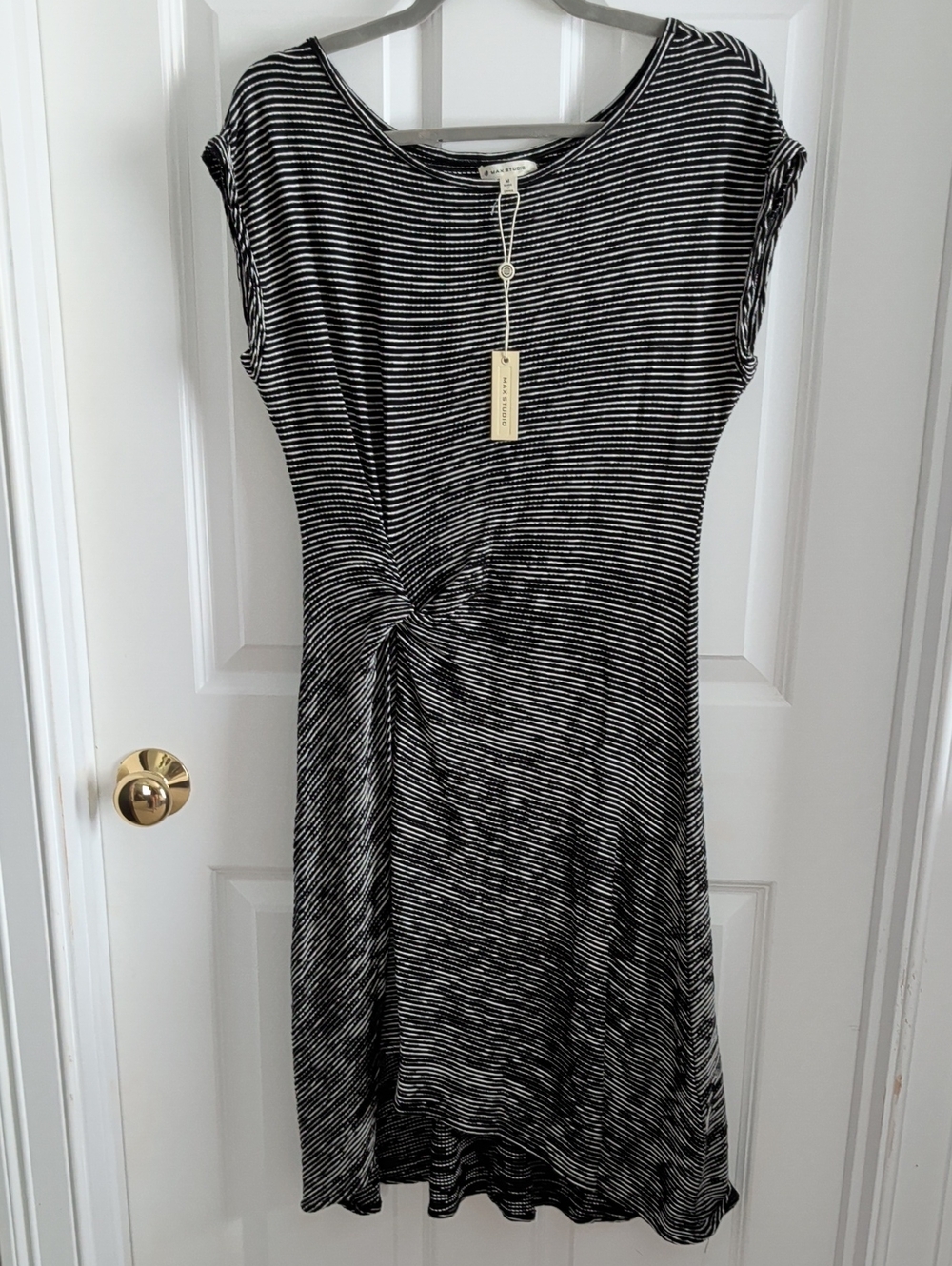 Max Studio Black and White Striped Midi Dress with Side Twist